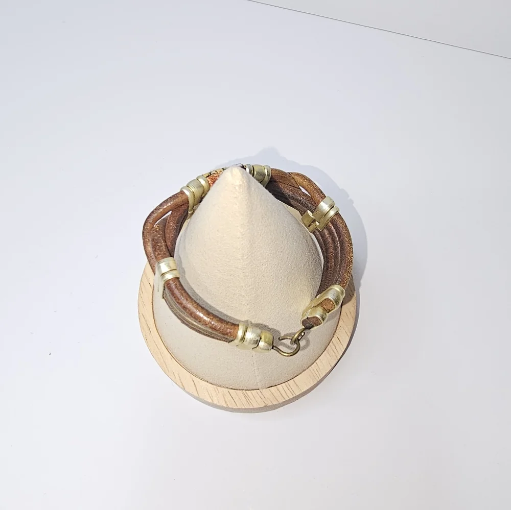 Boho Brown Leather Bracelet with Gold Hardware Accents